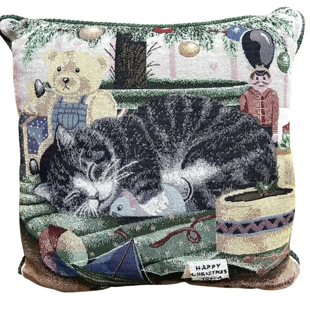 Holiday Sleepy Cat Kitty Teddy Nutcraker Christmas Grn Tweed Bkg Anne Mortimer